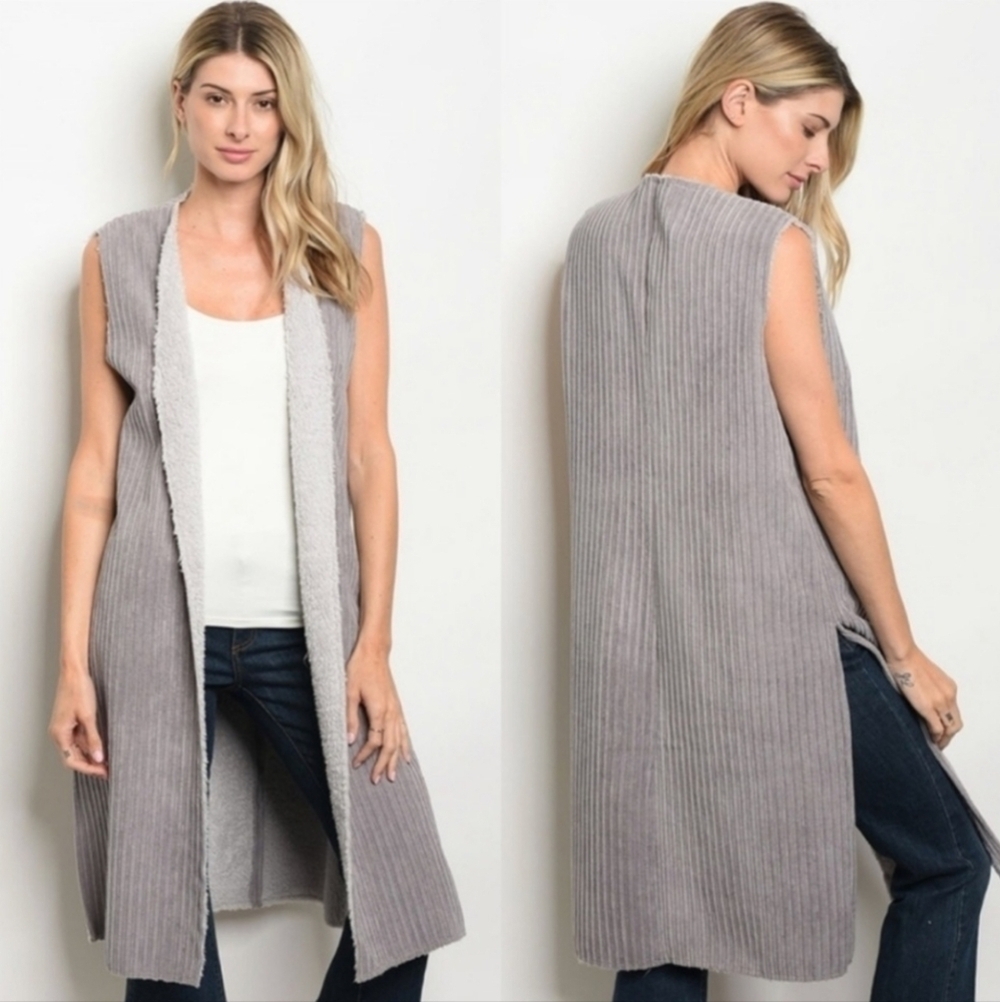 Favlux Fashion Jacket Women's Gray Corduroy Faux Fur Long Vest Sz S